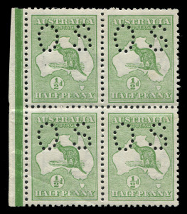 AUSTRALIA: Kangaroos - First Watermark: ½d Green, left marginal blk.(4) perforated Small OS, fresh MUH.