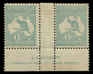 AUSTRALIA: Kangaroos - Third Watermark: 1/- Bright Blue-Green (Die 2B) Mullett Imprint pair with SIDEWAYS WATERMARK, fresh Mint. [Unlisted as such, but see note at p2/122 in BW [2017 edition] re existence of Imprint blks.4 valued at $2250.]