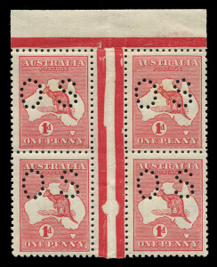AUSTRALIA: Kangaroos - First Watermark: 1d Red (Die 2A) inter-panneau marginal blk.(4) perforated Small OS. Superb MUH. (SG.2ea). BW:4ba - $700++.