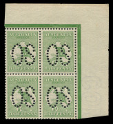 AUSTRALIA: Kangaroos - First Watermark: ½d Green, upper right corner blk.(4) perforated Large OS, fresh MUH.