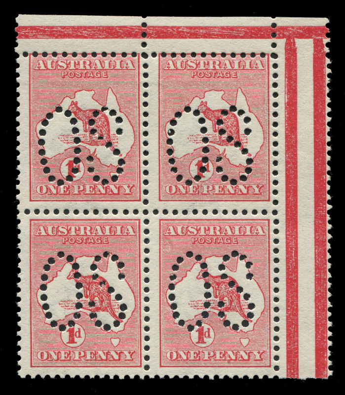 AUSTRALIA: Kangaroos - First Watermark: 1d Red (Die 1) upper right cnr.blk.(4) Perforated Large OS, the upper horizontal row of perforations misplaced into the design. Fresh MUH.