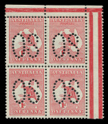 AUSTRALIA: Kangaroos - First Watermark: 1d Red (Die 1) upper right cnr.blk.(4) Perforated Large OS, the upper horizontal row of perforations misplaced into the design. Fresh MUH.