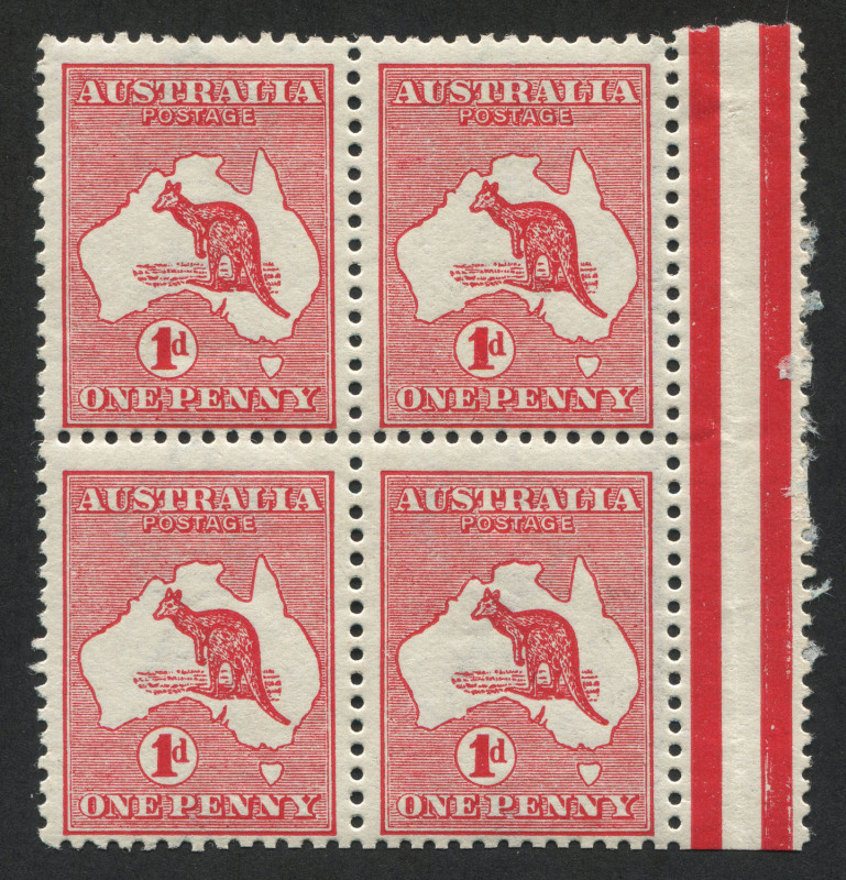 AUSTRALIA: Kangaroos - First Watermark: 1d Red (Die 1) marginal blk.(4); fresh MUH.