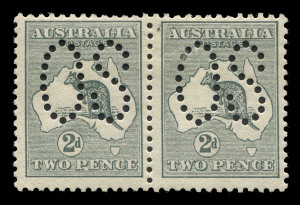 AUSTRALIA: Kangaroos - First Watermark: 2d Grey, horizontal pair, (2) perforated Large OS; fresh MLH. BW:5bb - $240.