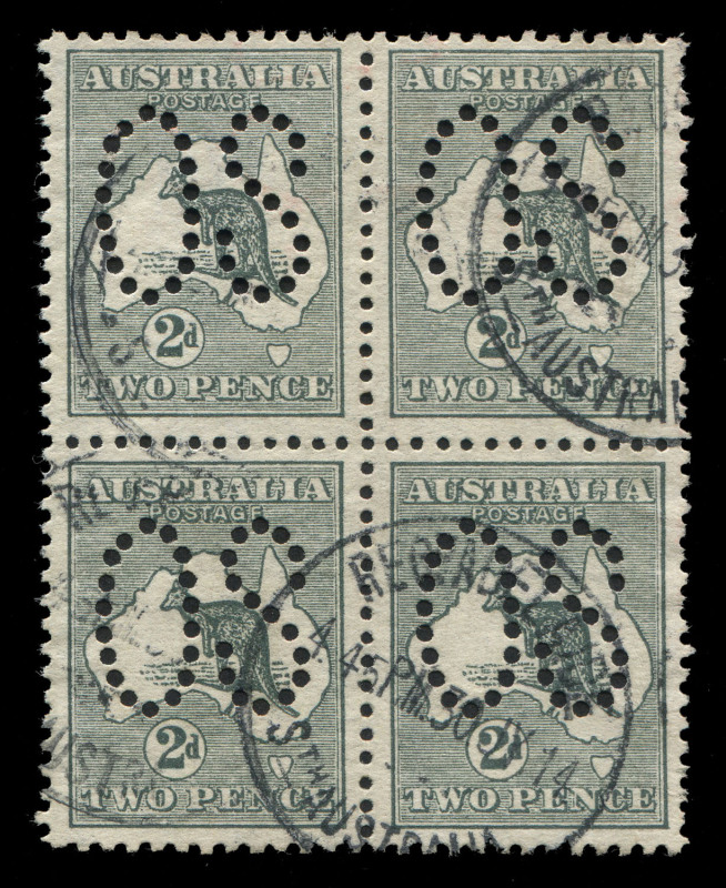 AUSTRALIA: Kangaroos - First Watermark: 2d Grey, block (4) perforated Large OS; FU from Adelaide in July 1914. A scarce multiple.