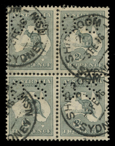 AUSTRALIA: Kangaroos - Third Watermark: 2d Grey (Die 1), blk.(4) perforated Small OS, used from Sydney in Feb.1916. Scarce multiple.