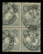 AUSTRALIA: Kangaroos - Third Watermark: 2d Grey (Die 1), blk.(4) perforated Small OS, used from Sydney in Feb.1916. Scarce multiple. 