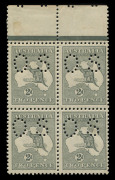 AUSTRALIA: Kangaroos - Third Watermark: 2d Grey (Die 1), top marginal blk.(4) perforated Small OS, stamps fresh MUH. BW:7ba - $900.