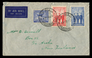 AUSTRALIA: Cinderellas: WAR SAVINGS STAMPS: 6d Defiant Perf. 11, plus AIF 2d and 3d tied by 'AIR MAIL/13AU40/BRISBANE' datestamps to airmail cover addressed to New Zealand. Fine condition.