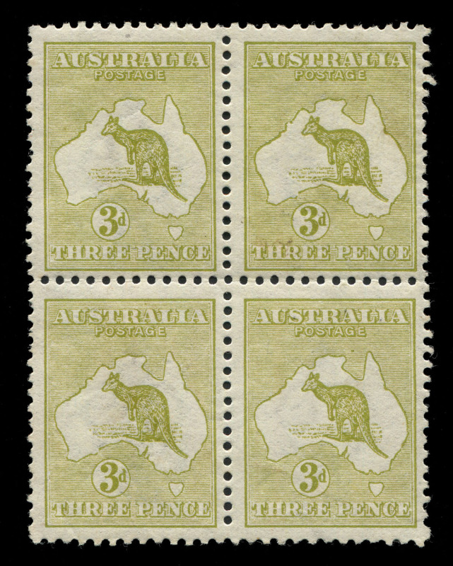 AUSTRALIA: Kangaroos - First Watermark: 3d Olive, blk.(4); the upper units being a Die 2 + Die 1 pair (**/* - the Die 2 unit with one pulled perf.) Cat.£1500; the lower pair both Die 1 and MUH.BW:$3700.