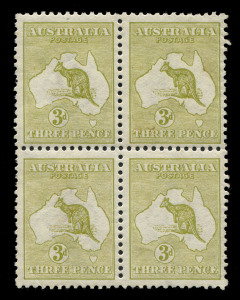 AUSTRALIA: Kangaroos - First Watermark: 3d Olive, blk.(4); the upper units being a Die 2 + Die 1 pair (**/* - the Die 2 unit with one pulled perf.) Cat.£1500; the lower pair both Die 1 and MUH.BW:$3700.