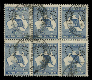 AUSTRALIA: Kangaroos - Third Watermark: 2½d Indigo, blk.(6) perforated Small OS, used from Melbourne in 1920. The left hand vertical pair with "Heavy coastline to W.A." variety; unit 6 with small fault at base.
