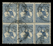 AUSTRALIA: Kangaroos - Third Watermark: 2½d Indigo, blk.(6) perforated Small OS, used from Melbourne in 1920. The left hand vertical pair with "Heavy coastline to W.A." variety; unit 6 with small fault at base. 