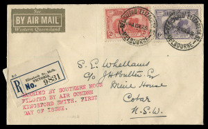 AUSTRALIA: Aerophilately & Flight Covers: 19 Mar.1931 (AAMC.180) Melbourne-Sydney registered FDC carried aboard the "Southern Moon" piloted by Charles Kingsford Smith, with 2d and 6d Kingsford Smith issues tied by '19MR31 datestamps, earliest recorded use of Western Queensland Air Mail vignette (Frommer.38a); fine condition