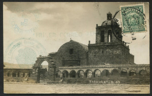 BOLIVIA - Aerophilately & Flight Covers: 13 Nov. 1926 Potosi to Cochabamba flight, piloted by Henri Lemaitre, with 5c Arms tied to real-photo postcard showing Tiaguanaco with 'PRI ER CORREO AEREO' straight-line cachet and COCHABAMBA arrival datestamp on 