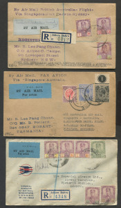 AUSTRALIA: Aerophilately & Flight Covers: 4 Apr.1931 (AAMC.187zf) Straits Settlements - Australia registered flight cover piloted by Kingsford Smith & G.U. Allan, endorsed 'First All Australian Air Mail Service Singapore - Australia', SINGAPORE & SYDNEY '29AP31' backstamps; also 7 Jan. 1932 (AAMC.245a) flight endorsed "By Special Airmail Singapore/Australia, Per Southern Star", MELBOURNE '22JAN/1932' backstamp; plus 29 Dec. 1933 Singapore-London registered flight cover for Imperial Airways '1st