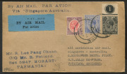 AUSTRALIA: Aerophilately & Flight Covers: 4 Apr.1931 (AAMC.187zf) Straits Settlements - Australia registered flight cover piloted by Kingsford Smith & G.U. Allan, endorsed 'First All Australian Air Mail Service Singapore - Australia', SINGAPORE & SYDNEY - 3