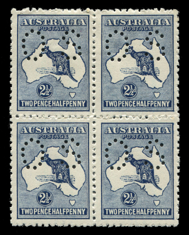 AUSTRALIA: Kangaroos - Third Watermark: 2½d Deep Indigo, blk.(4) perforated Small OS; upper units MLH, lower units MUH. A scarce multiple. BW:$1350+.