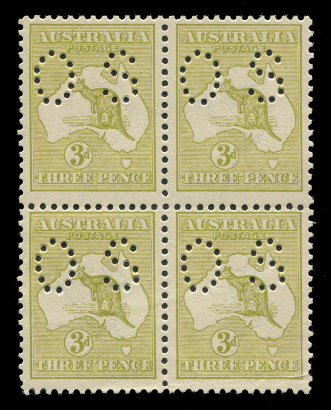 AUSTRALIA: Kangaroos - Third Watermark: 3d Olive-Green (Die 1) perforated Small OS, blk.(4) fresh MUH. BW:$1900.