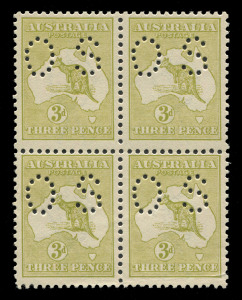 AUSTRALIA: Kangaroos - Third Watermark: 3d Olive-Green (Die 1) perforated Small OS, blk.(4) fresh MUH. BW:$1900.