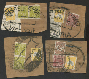 VICTORIA - Postmarks: MELBOURNE: 'CHIEF PARCELS OFFICE/MELBOURNE' (2, different types, one distorted) and 'RUSSELL STREET/VICTORIA' (2) large-part fine to very fine strikes of the similar enormous oval parcel cancellers, all with 1930s Roo/KGV Heads combination frankings on parcel fragments, each piece with a 5/- Roo (one with clipped corner). Hard to source. (4 items)