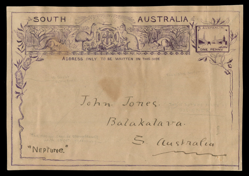 SOUTH AUSTRALIA - Postal Stationery: POSTAL CARDS - 1896 POST CARD DESIGN COMPETITION: Design for 1d Postal Card in violet (190x130mm) on thin card, submitted by No.8 "Neptune". Ex Eustis Gold Medal collection.