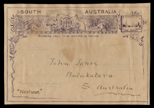 SOUTH AUSTRALIA - Postal Stationery: POSTAL CARDS - 1896 POST CARD DESIGN COMPETITION: Design for 1d Postal Card in violet (190x130mm) on thin card, submitted by No.8 "Neptune". Ex Eustis Gold Medal collection.