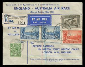 AUSTRALIA: Aerophilately & Flight Covers: THE WINNING ENTRY IN THE MACROBERTSON AIR RACE October 1934 (AAMC.433) England - Australia MacRobertson Air Race cover carried by the winning entry DH66 Comet 'Grosvenor House' in a total elapsed time of 71 hours and signed by both pilots "CWA Scott" and "Tom Campbell Black" on the back. Posted on arrival and returned by registered mail to England with blue/black R label alongside adhesives, fine condition, Cat $1,250. Accompanied by an original photo p