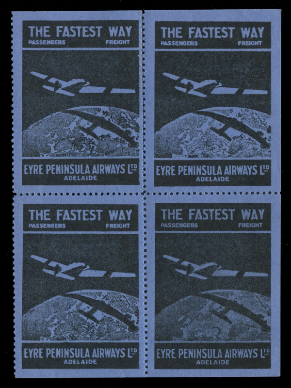 AUSTRALIA: Aerophilately & Flight Covers: Oct.1929 (AAMC.145b) Eyre Peninsula Airways Ltd vignette (black on dark blue), block.(4). Extremely rare in blocks. Cat.$750. 