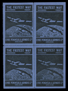 AUSTRALIA: Aerophilately & Flight Covers: Oct.1929 (AAMC.145b) Eyre Peninsula Airways Ltd vignette (black on dark blue), block.(4). Extremely rare in blocks. Cat.$750. 