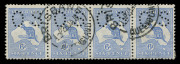 AUSTRALIA: Kangaroos - First Watermark: 6d Ultramarine, horizontal strip (4) perforated Small OS, FU from Brisbane in January 1915. Cat.$220+.