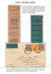 AUSTRALIA: Aerophilately & Flight Covers: March 1923 (Frommer 9b & d) QANTAS black/green "BY AIR MAIL" vignette attractively used on an Aug.1924 cover from Longreach to Christchurch, New Zealand with mss certification of the "unofficial" label by the Chief Postmaster; displayed on an exhibit page with the front cover of the vignette booklet and accompanied by a vertical strip of 8 of the vignettes adhered to the back of an original booklet. (Some faults, but very rare.)