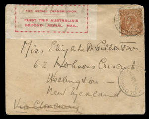 AUSTRALIA: Aerophilately & Flight Covers: THE FIRST MAIL DELIVERY FLIGHTS BY QANTAS: 5 Nov. 1922 (AAMC.66) Cloncurry - Longreach - Charleville inaugural flown cover; addressed to Wellington, New Zealand and bearing the first QANTAS special "AERIAL TRANSMISSION" red/white vignette. One of only 2 examples recorded address to New Zealand and one of only 10 recorded in total bearing the vignette. This example uniquely carried 70 years later and endorsed verso "Fred McKay, Passenger Re-enactment Fli