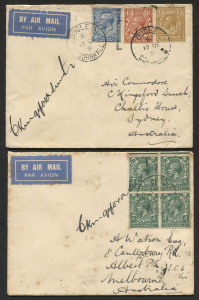 AUSTRALIA: Aerophilately & Flight Covers: 4 April 1931 (AAMC.187) England - Australia flown cover, carried and signed by Charles Kingsford Smith; with Melbourne 29 APR arrival b/stamp; also, 7 Jan. 1932 (AAMC.245) England - Australia flown cover, carried and signed by Charles Kingsford Smith; with Sydney 21 JAN 1932 arrival b/stamp. Both covers with minor tone spots. (2).