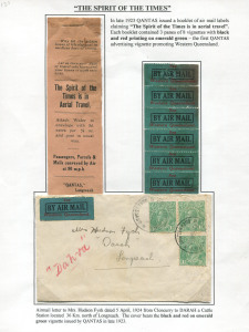 AUSTRALIA: Aerophilately & Flight Covers: Late 1923 (Frommer 10) QANTAS black & red on emerald-green vignette "BY AIR MAIL / See Western Queensland" attractively used on an April 1924 flown cover from Cloncurry to Mrs Hudson Fysh, at "Dahra", Longreach; displayed on an exhibit page together with the booklet covers ("The Spirit of the Times is in Aerial Travel.") and a strip of 7 of the vignettes.