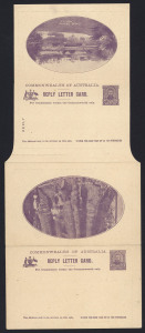 AUSTRALIA: Postal Stationery: Letter Cards: 1911 1d + 1d Full-Face Design Reply Lettercard, 'Giant Red Gum,Vic' and 'Queen's Gardens Perth, WA' illustrations, in violet, fine unused; BW:LC13 - Cat $200.