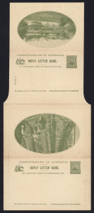AUSTRALIA: Postal Stationery: Letter Cards: 1911 1d + 1d Full-Face Design Reply Lettercard, 'Giant Red Gum,Vic' and 'Queen's Gardens Perth, WA' illustrations, in olive-green, fine unused; BW:LC13 - Cat $200.
