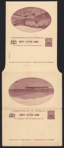 AUSTRALIA: Postal Stationery: Letter Cards: 1911 1d + 1d Full-Face Design Reply Lettercard, 'Hobart from the Bay' and 'Viaduct near Adelaide, S.A.' illustrations in purple, fine unused; BW:LC13 - Cat $200.
