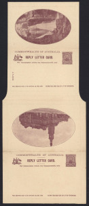 AUSTRALIA: Postal Stationery: Letter Cards: 1911 1d + 1d Full-Face Design Reply Lettercard, 'Town Hall, Sydney' and 'Phantom Falls, Victoria' illustrations, in purple, fine unused; BW:LC13 - Cat $200.