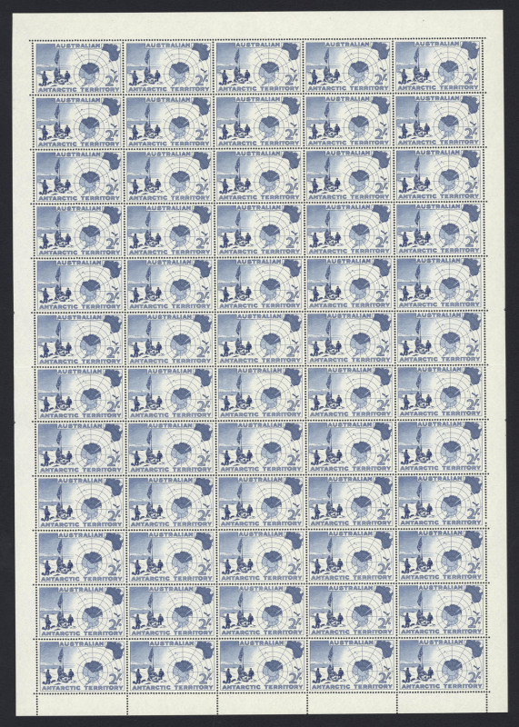 ANTARCTICA: AUSTRALIAN ANTARCTIC TERRITORY: 1957-59 (SG. 1-5) issues in complete sheets comprising 1957 2/- Map two sheets of 60, 1959 5d on 4d sheet of 120, 8d on 7d, 1/- & 2/3d in sheets of 80, all pristine MUH, Cat £1070++. Hard to source. (6 sheets)