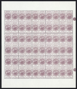 AUSTRALIA: Cinderellas: WESTERN AUSTRALIA: 1979 reprints of 1893-97 Internal Revenue 1/-, 2/6d, 3/- & 5/- in composite imperforate blocks of 4, in complete sheets (3), each sheet comprising of 20 blocks, perforated between each block. (3 sheets)