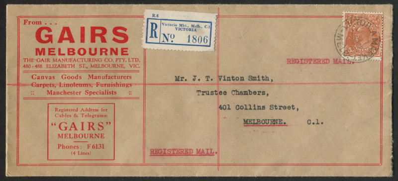 AUSTRALIA: Postal History: 1938 (Nov.4) Gairs (manufacturers, Melbourne) advertising envelope registered to Vinton Smith (stockbrokers, Melbourne) with KGV 5d Brown tied by 'VICTORIA MARKET/MELB' datestamp, blue/white registration label, all-over adverti