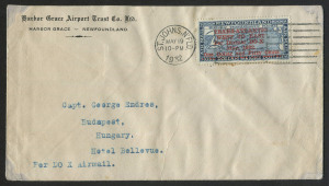 CANADA - Postal History: 1932 (May 19) 'Harbour Grace Airport Trust Co" printed sent from Newfoundland to Germany and carried by Fritz Hammer in 'Dornier' DOX flying boat with Overprinted $1.50 on $1 SG.221 tied by ST JOHNS machine cancel, HARBOUR GRACE transit backstamp, flap missing and light corner mounting marks. Stamp alone Cat. £225 (off cover).