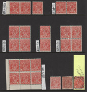 AUSTRALIA: KGV Heads - Single Watermark: 1½d Red array on hagners with varieties in mint multiples incl. Electro 19 block of 8 with listed varieties [R18, R24 & R32] (Cat $200+), Electro 22 'HALEPENCE' & "Thin 'RAL' retouch' [L22 & 28] and "Eight Wattles - 2