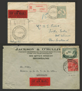 AUSTRALIA: Aerophilately & Flight Covers: 1923-30 covers with perforated QANTAS "Western Queensland" red/black vignettes (Frommer. 17d) comprising 17 Apr. 1929 (AAMC.133a) CLONCURRY - CHARLEVILLE - BRISBANE registered with late use of 'FORWARDED/BY AIRMAIL' rectangular cachet (AAMC.91), addressed to New Zealand with 'TOKATOKA' arrival backstamp; 19 Feb. 1930 (AAMC.151) Camooweal - Daly Waters, addressed to Darwin (backstamp) re-directed to Brisbane;