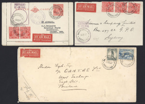 AUSTRALIA: Aerophilately & Flight Covers: 1927-32 covers all with perforated QANTAS "Western Queensland" red/white vignettes (Frommer.15d) comprising 12 Nov. 1927 cover and 9 Dec. 1927 KGV 1½d Letter Card both showing use of 'FORWARDED/BY AIRMAIL' rectangular cachet (AAMC.91), used at McKinlay or at Camooweal respectively; also 1932 commercial long cover (vignette defective) addressed to Hudson Fysh with 1/- Large Lyrebird & 3d Harbour Bridge tied by 'MCKINLAY' datestamp; vignettes alone Cat. $
