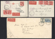 AUSTRALIA: Aerophilately & Flight Covers: 1927-32 covers all with perforated QANTAS "Western Queensland" red/white vignettes (Frommer.15d) comprising 12 Nov. 1927 cover and 9 Dec. 1927 KGV 1½d Letter Card both showing use of 'FORWARDED/BY AIRMAIL' rectan