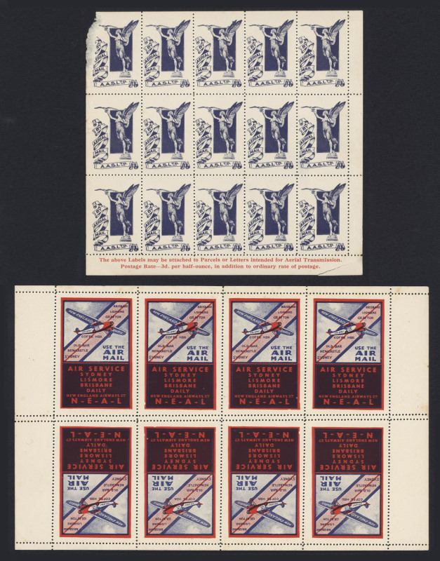 AUSTRALIA: Aerophilately & Flight Covers: AIRMAIL LABELS & VIGNETTES: selection including 1925 "Angel" vignette sheet of 15, Frommer.14b2 (upper-left unit defective, perf separations). 1931 New England Airways vignette Fr.38b sheet of 8, 1933 'Pigeongra