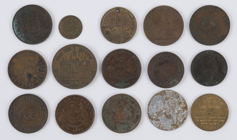 Coins & Banknotes: Trade Tokens TOKENS: Australian Colonial selection mostly 19th century including Hide & De Carle (2; auctioneers, Melbourne), 'Peace & Plenty' (Melbourne), J.R. Grundy (merchant, Ballarat), Robert Hyde (Marine Store, Melbourne) pierced