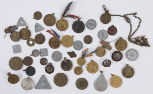 Medallions & Badges: Mostly Australian medal selection with 1897 Borough of Sale Diamond Jubilee (pierced), 1911 Coronation (4), 1937 Coronation (2), 1953 Coronation/City of Melbourne (2), 1954 Royal Visit/Victoria; also 1922 Agricultural Society Show medal, New Zealand 1906-07 Christchurch Exhibition medal (pierced); various others, plus bakery/milk tokens. (43 items).